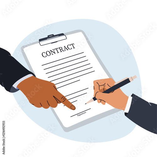Illustration concept of concluding a contract, business negotiations, insurance. Two male businessmen make a deal, sign a contract, an insurance policy. Vector illustration in flat style.	