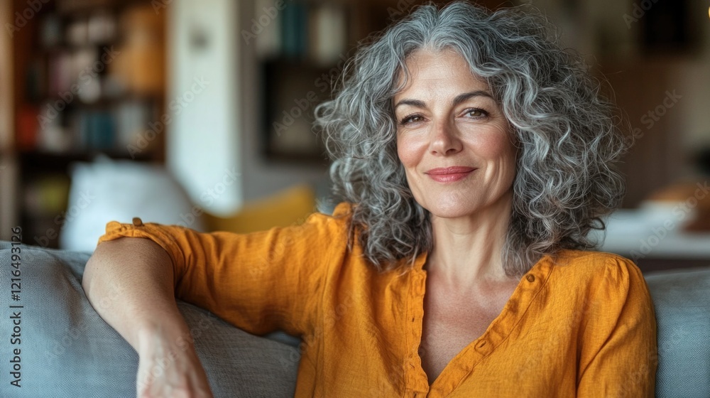 Happy relaxed 50 years old woman sitting on sofa at home looking away. Smiling middle aged lady posing in living room at home. Mature older female with curly gray hair relaxing on couch enjoying chill