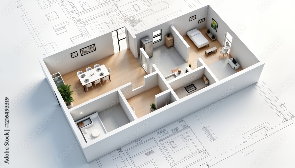 Modern building plan shows small apartment layout. Interior design includes dining area with table, chairs. Living room, bedroom areas also visible. Floor plans displayed. Image perfect for Modern building plan shows small apartment layout. Interior design includes dining area with table, chairs. Living room, bedroom areas also visible. Floor plans displayed. Image perfect for