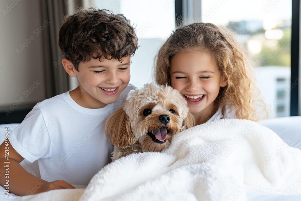 Two smiling children are enjoying time with a fluffy dog while nestled in warm blankets, showcasing joy, companionship, and the innocence of youth. Two smiling children are enjoying time with a fluffy dog while nestled in warm blankets, showcasing joy, companionship, and the innocence of youth.