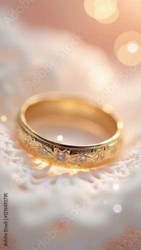 A pair of elegant gold wedding rings with diamonds and pearls. Generative AI photo