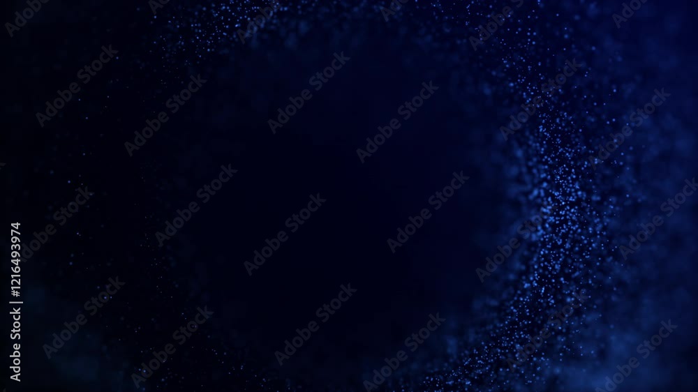 Particles energy tunnel from plasma fractals on dark blue technology background. Deep flowing sci fi vortex rotating in space. Glowing bokeh sci fi waves twirl. 4k 60fps looped graphic.