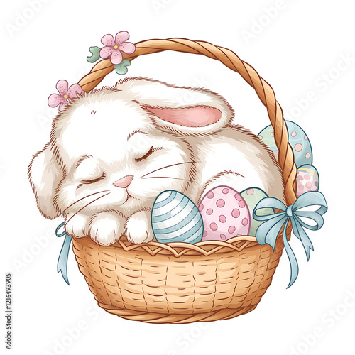 bunny peacefully sleeping in a wicker basket
