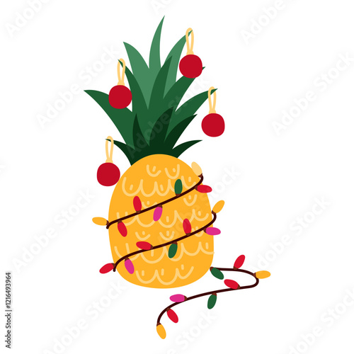 A whole pineapple is decorated with a garland and Christmas tree toys for Christmas and New Year. A tropical vacation during the winter holidays. The fruit is decorated like a Christmas tree.