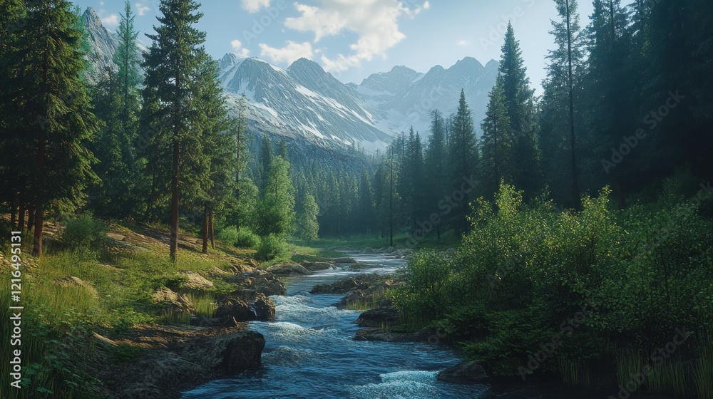 Mountain river flowing through serene forest. Background Majestic peaks, ideal for travel posters Mountain river flowing through serene forest. Background Majestic peaks, ideal for travel posters
