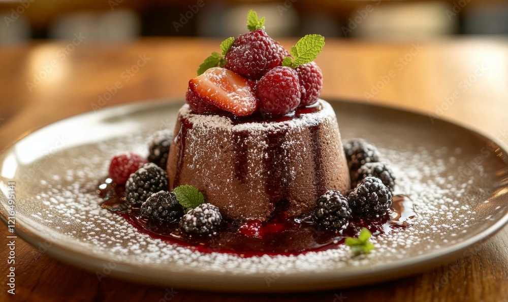 Decadent dessert topped with fresh berries set on a wooden table Decadent dessert topped with fresh berries set on a wooden table