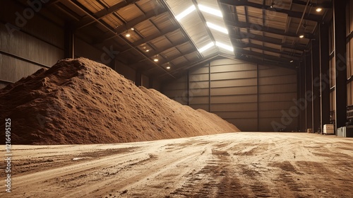 The warehouse is filled with a massive mound of brown sand.