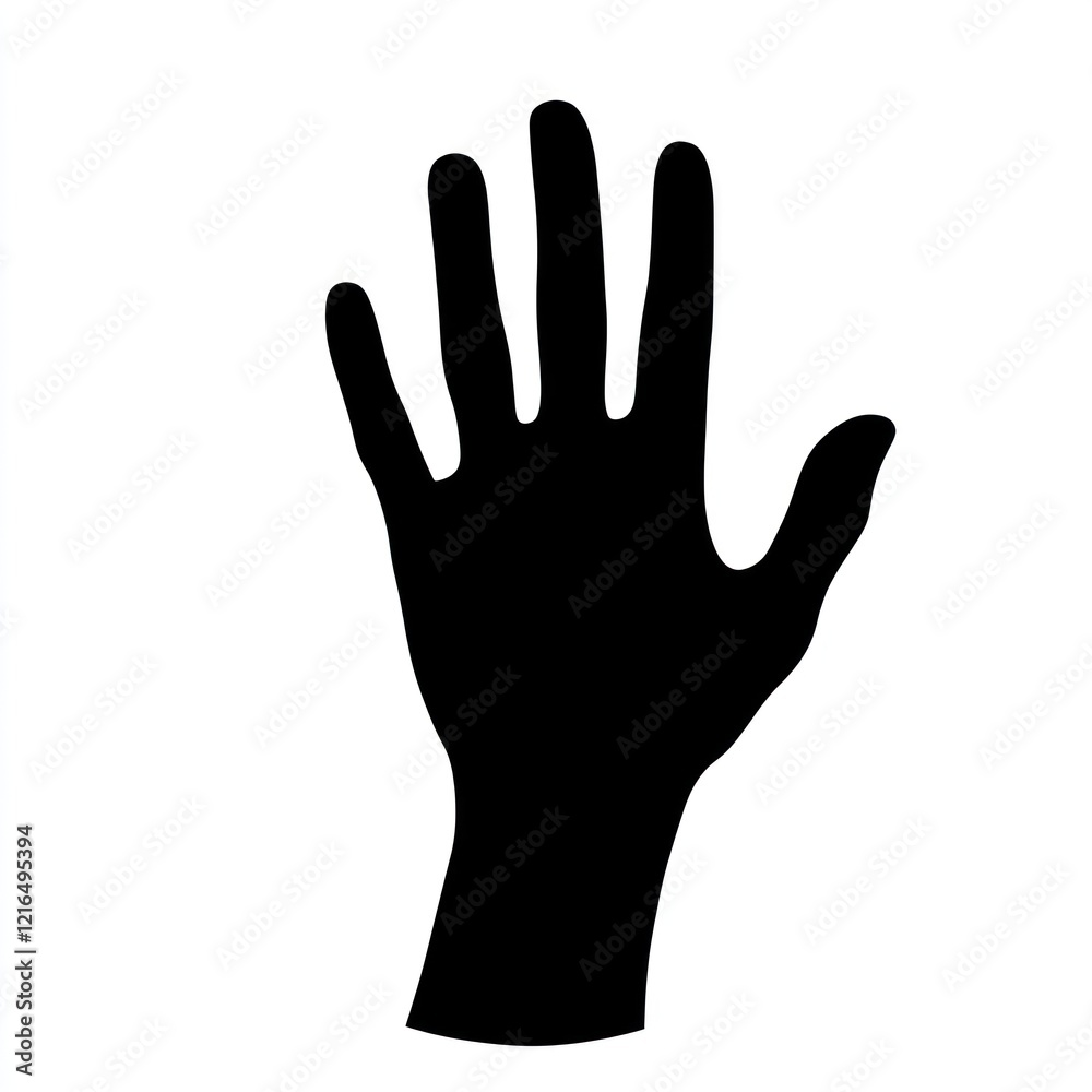Black hand silhouette, raised, isolated, white background, graphic design. Black hand silhouette, raised, isolated, white background, graphic design.