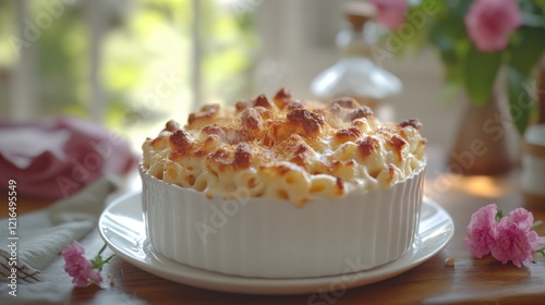 Creamy Mac & Cheese, baked, window, roses, kitchen, recipe photo