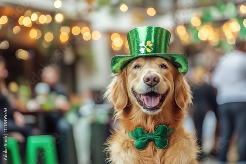 Cheerful dog wearing festive green hat and bowtie, embodying hol photo