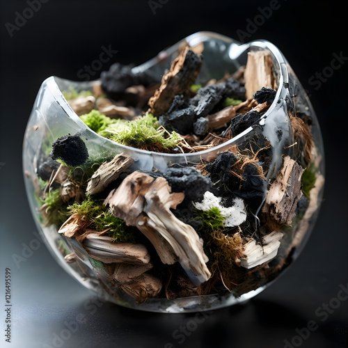 
Glass round flower pot with imitation orchid substrate, including bark, charcoal and sphagnum moss on a black background. photo