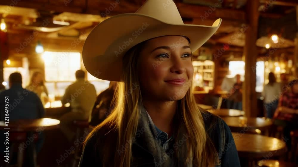 Smiling Cowgirl in Rustic Saloon Smiling Cowgirl in Rustic Saloon