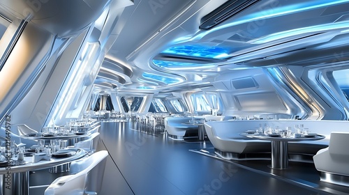 Futuristic Restaurant Interior Design With Modern Tables And Seating photo