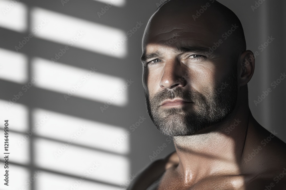 A muscular bald man gazes intensely into the camera, highlighted by soft shadows from window blinds, embodying strength, confidence, and a powerful presence in a serene setting. A muscular bald man gazes intensely into the camera, highlighted by soft shadows from window blinds, embodying strength, confidence, and a powerful presence in a serene setting.