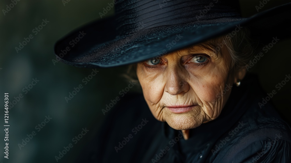 An elderly woman, wearing a simple black hat, gazes thoughtfully into the distance, her expression filled with quiet reflection and depth. An elderly woman, wearing a simple black hat, gazes thoughtfully into the distance, her expression filled with quiet reflection and depth.