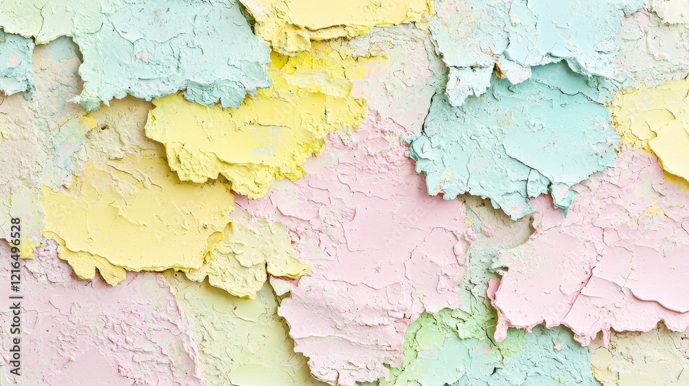 Obraz premium A tight view of an aged surface with flaking paint in tones of yellow, pink, blue, and green.