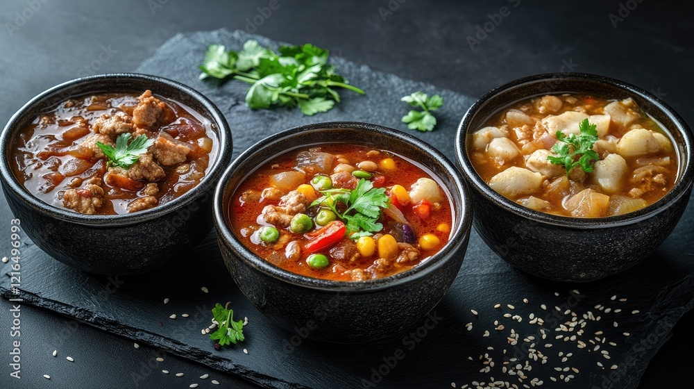 Three bowls of Indian curry dishes with chicken pieces in rich, creamy sauces. Three bowls of Indian curry dishes with chicken pieces in rich, creamy sauces.