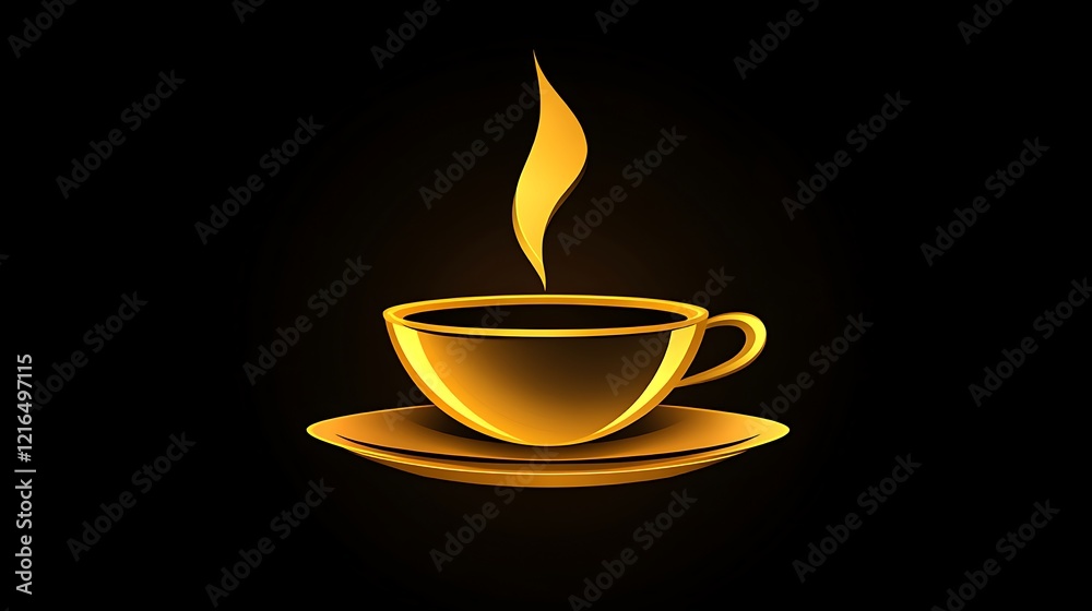 Golden Coffee Cup And Saucer With Steam