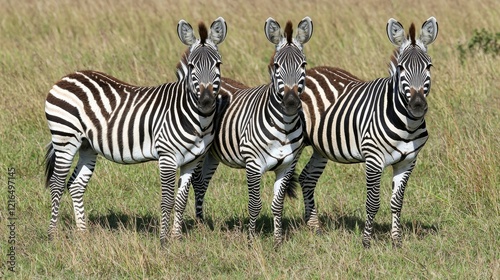 Amidst the tall grass, two zebras stand, their black and white stripes harmonizing with the natural shades of the surroundings.