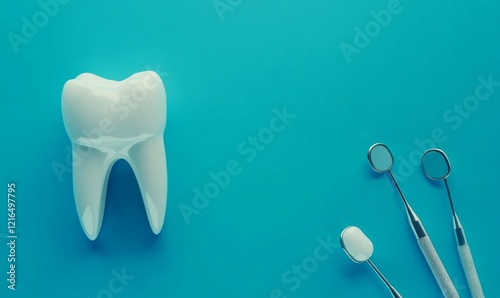 Dental Tools and Tooth Model on Blue Background with Space for Text