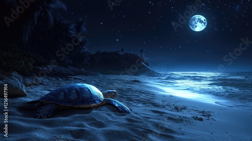 A serene night scene depicting several sea turtles on a sandy beach under a full moon.
