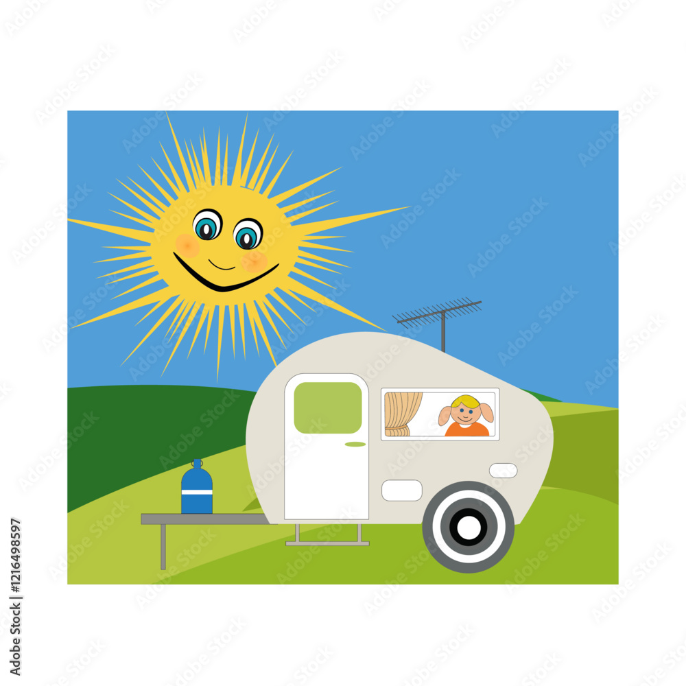Caravane de profil avec ado à la fenêtre et soleil et collines en arrière-plan