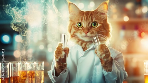 Walking cat student in lab coat holding test tubes, ready for science experiment in laboratory setting with educational and curious vibes


 photo