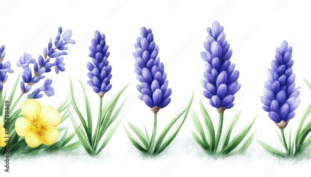 Fototapeta premium Beautiful watercolor illustration of vibrant lavender flowers and a yellow pansy against a white background