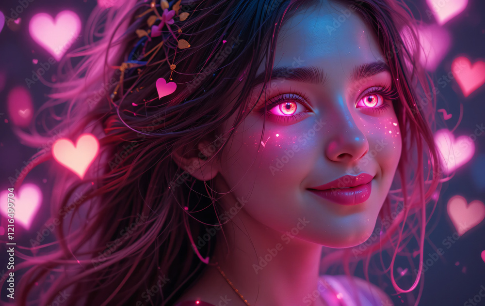 portrait of a woman with bright pink heart portrait of a woman with bright pink heart