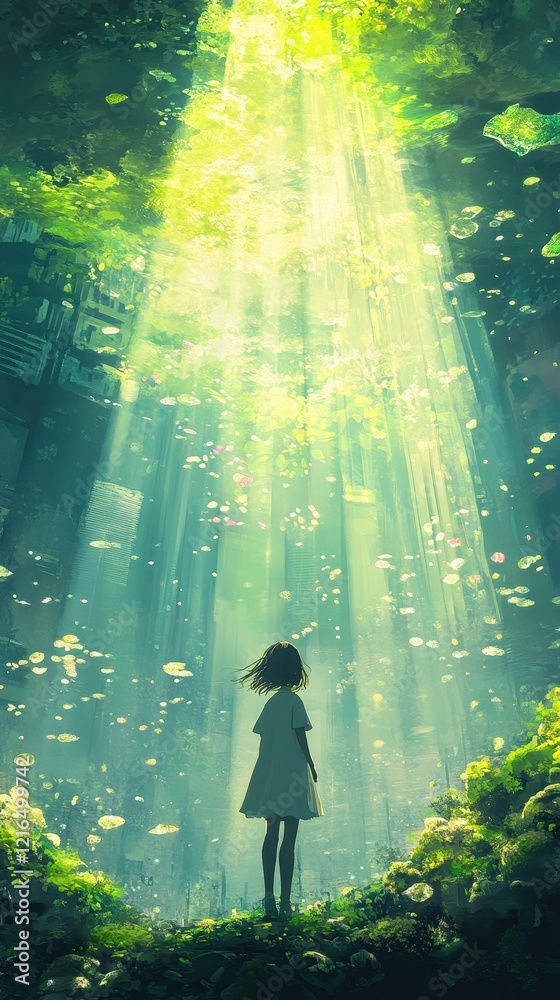 Fototapeta premium Girl Stands in a Sunlit Submerged Cityscape