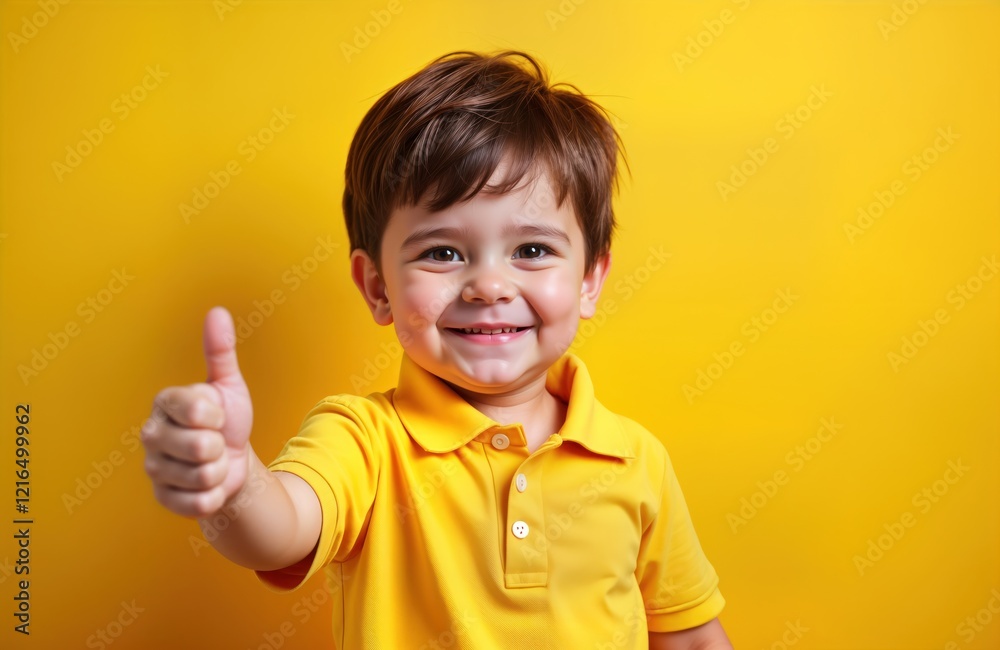 Toddler in yellow polo shirt gives thumbs up against yellow background. Child expresses happiness, approval. Adorable, cute expression. Positive gesture. Little boy looks happy, cheerful. Image shows Toddler in yellow polo shirt gives thumbs up against yellow background. Child expresses happiness, approval. Adorable, cute expression. Positive gesture. Little boy looks happy, cheerful. Image shows