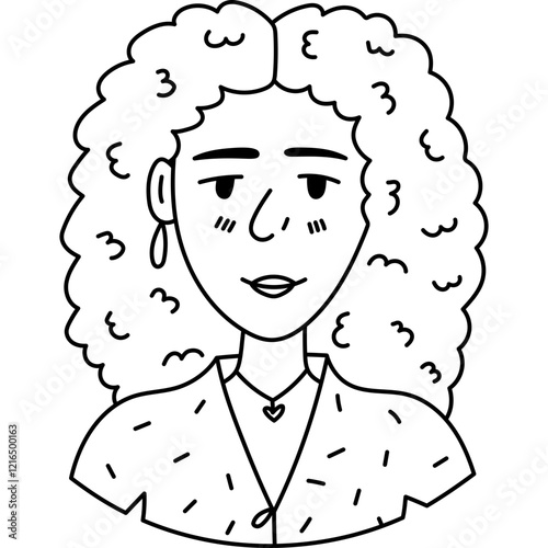 Cute outline African American lady portrait for social media, poster design. Hand drawn feminine character with curly volume afro hair. Trendy symbol of diversity, International Women Day, community