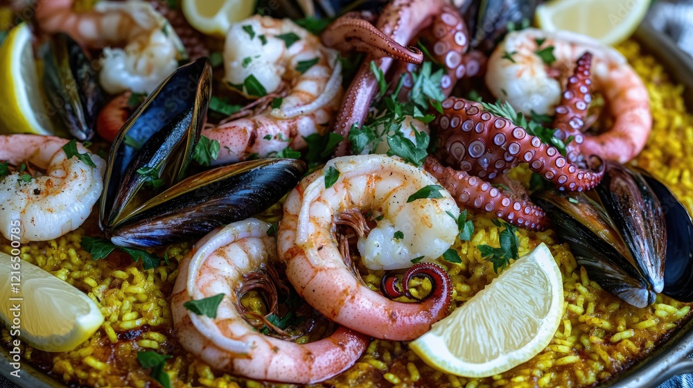 Seafood paella, Spanish cuisine, lemon garnish, close-up shot, delicious meal