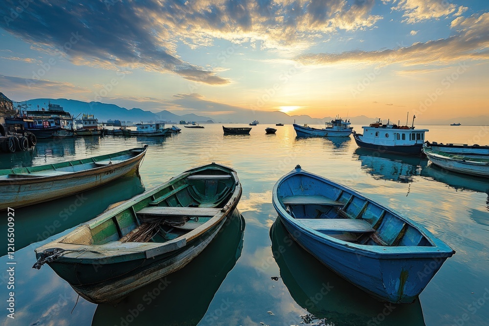 Fototapeta premium fishing boats moored in harbor at sunrise