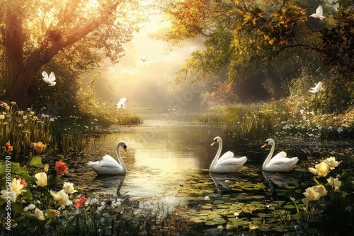 Tranquil morning in a serene garden with swans and blooming flowers
