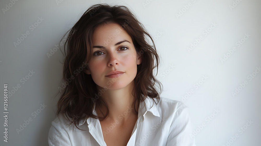 Close-up portrait of a young woman with shoulder-length brown hair, wearing a white shirt, against a white background. Close-up portrait of a young woman with shoulder-length brown hair, wearing a white shirt, against a white background.