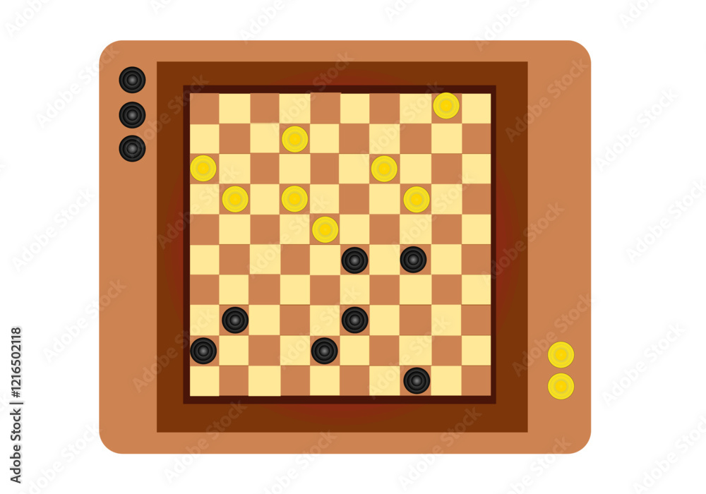 Piste de jeu de dames avec jetons sur damier marron et jaune clair