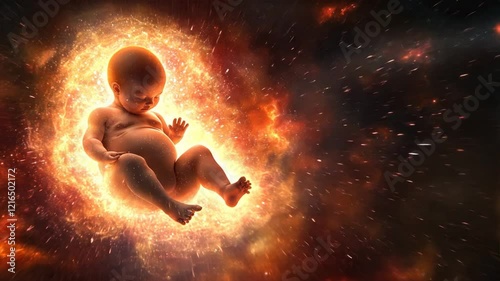 Baby floating amidst an explosion with human figure visible belly and hands on knees, representing womb, pregnancy, gestation, amniotic care, and life energy photo