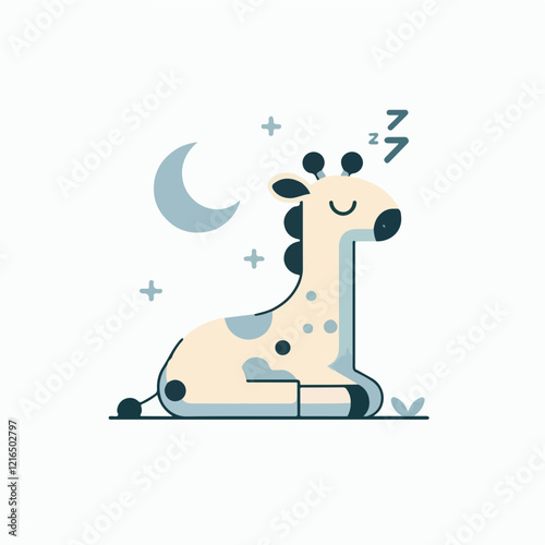 Sleepy Giraffe Illustration: A minimalist illustration of a cute giraffe resting peacefully under a crescent moon, evoking a sense of calm and tranquility. perfect for children's books.