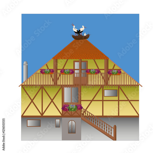Modèle d'une maison alsacienne individuelle avec nid de cigognes sur le toit vu de face sur fond de ciel bleu