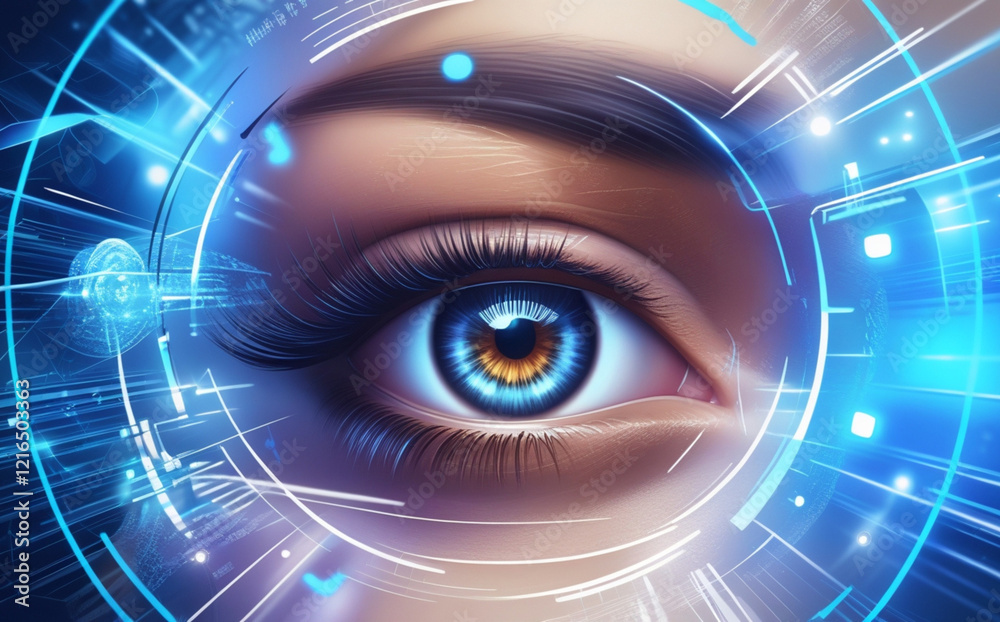 A close-up of the human eye is surrounded by digital graphics and blue light patterns, creating a futuristic and technological feel. Intricate details of the eye aid in identification. AI generated. A close-up of the human eye is surrounded by digital graphics and blue light patterns, creating a futuristic and technological feel. Intricate details of the eye aid in identification. AI generated.