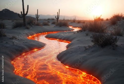 Glowing Lava River in Desert Sunset Landscape photo