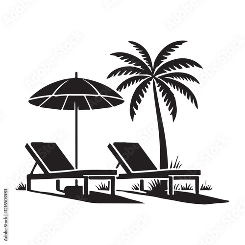 Scenic Beachfront Silhouette with Palm Trees, Umbrellas, and Lounge Chairs