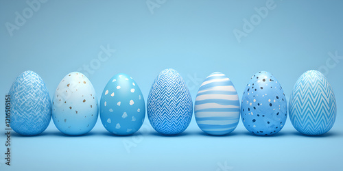 Blue Easter Eggs with Patterns on Monochromatic Background photo