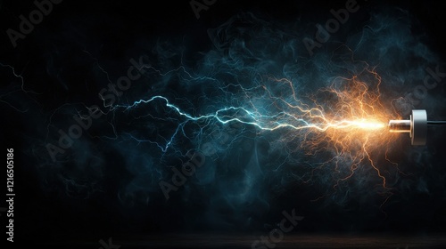 Energizing lightning strike laboratory digital art dark environment close-up view power concept photo