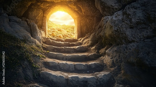 The glow of divine light emanates from the empty tomb, highlighting the rugged stone steps and symbolizing the profound message of hope and resurrection. photo