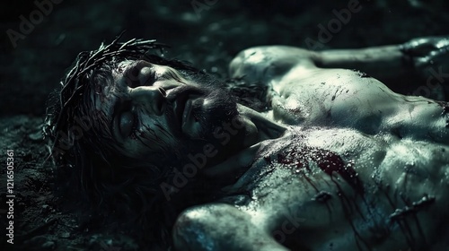 Jesus Christ’s lifeless body, draped in a simple cloth, rests solemnly in a dark, dramatic setting, with soft light illuminating his face and wounds, evoking profound sorrow.