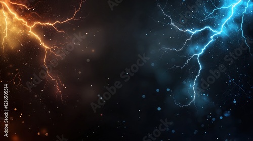 Clashing storms electric lightning strikes dramatic sky digital art moody atmosphere wide angle nature fury