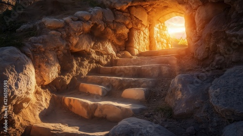 The glow of divine light emanates from the empty tomb, highlighting the rugged stone steps and symbolizing the profound message of hope and resurrection. photo