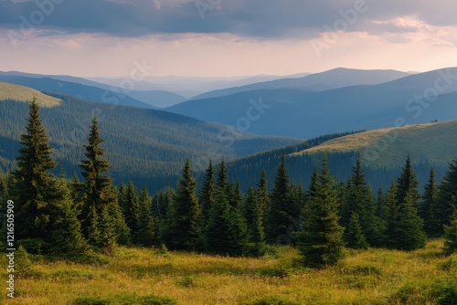 Mountainous landscape, sunset, pine forest, summer, travel poster